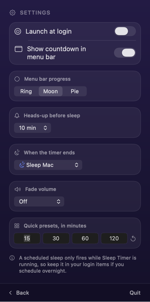 Lights Out settings for launch at login, menu bar style, end action, and presets